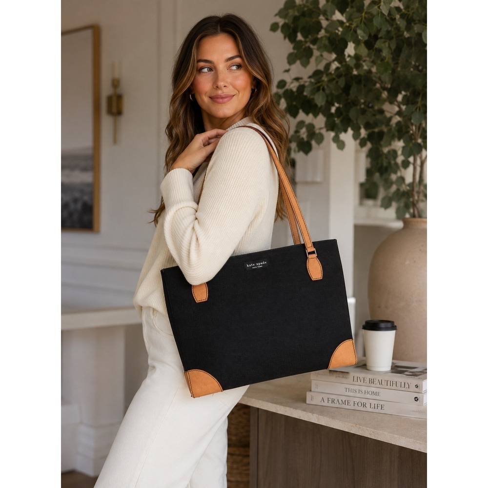 Kate Spade Black Canvas Leather Trim Tote Bag Preppy Minimalist Boss Babe Office